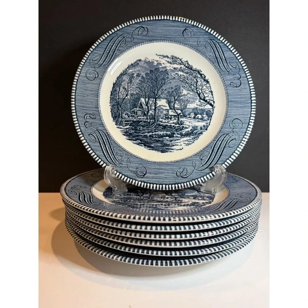 Set of 8 Currier & Ives Old Grist Mill Dinner Plates Royal USA Blue Transferware